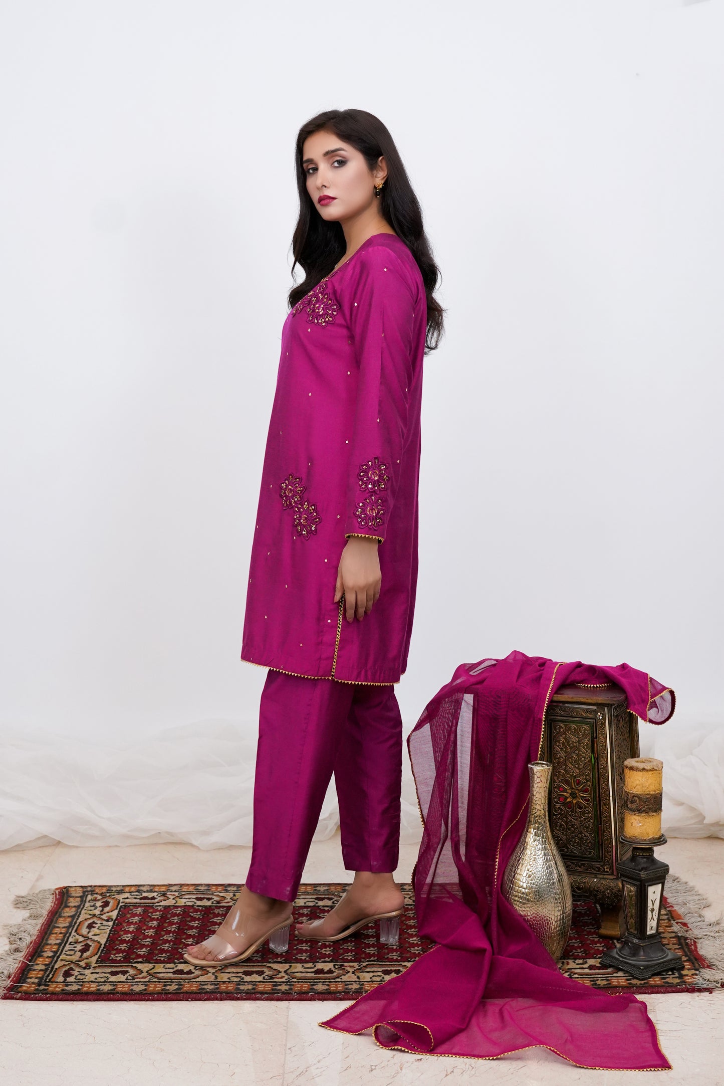 Silk Blush-3 PC Deep Pink Cotton Net