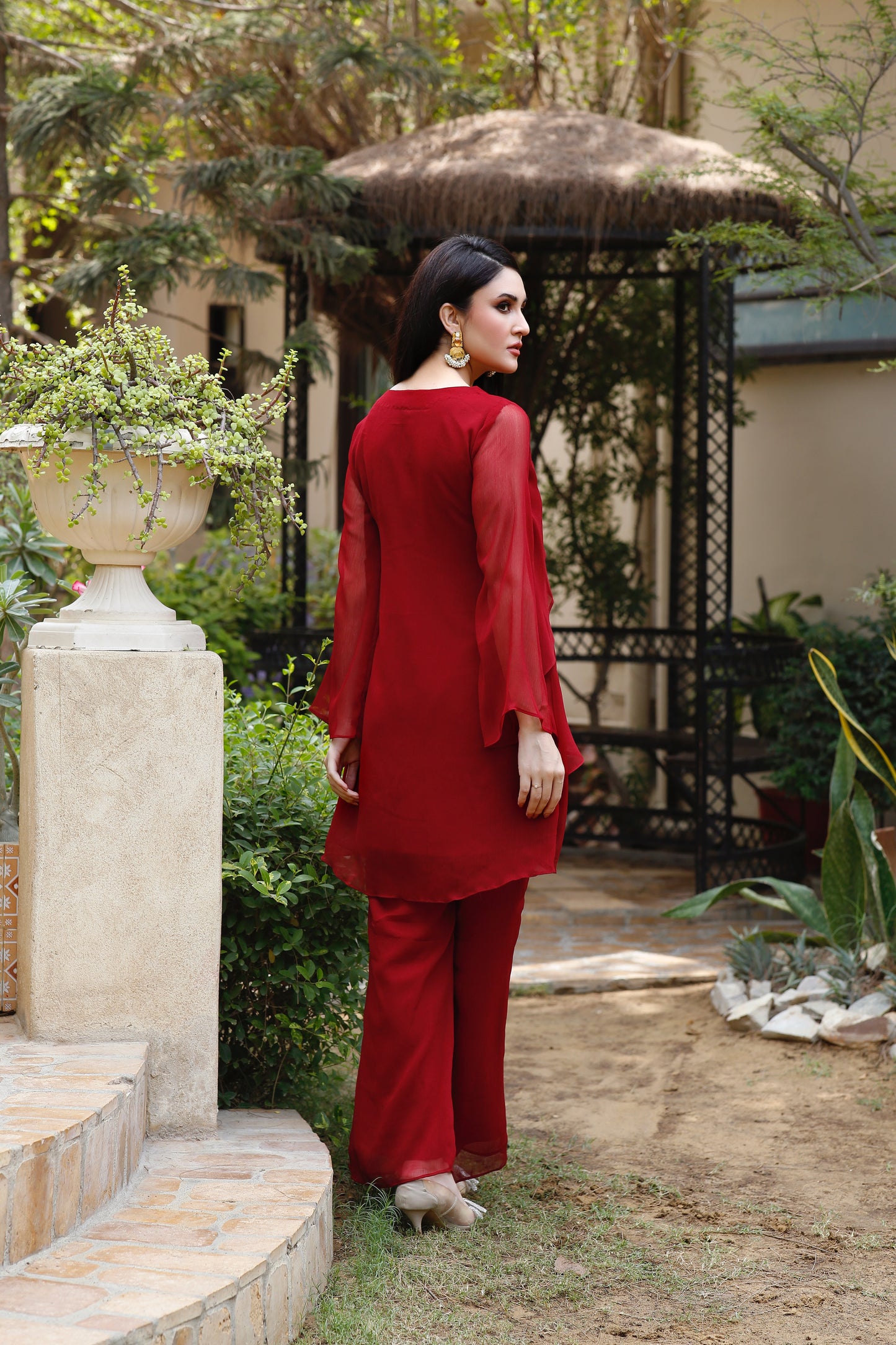 Maroon 2 piece chiffon party wear