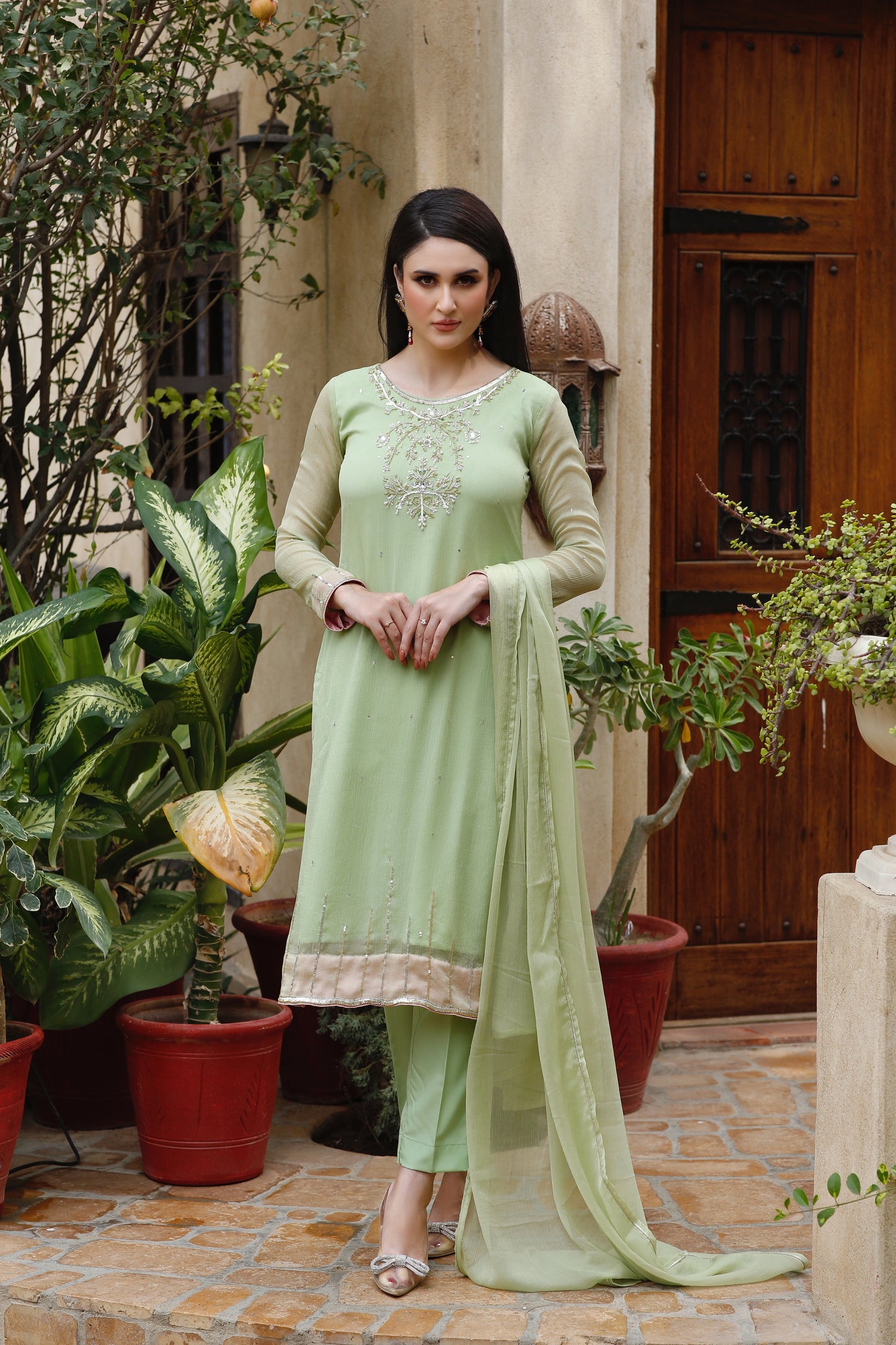 Light Green Chiffon 3PC Partywear-CE20230907