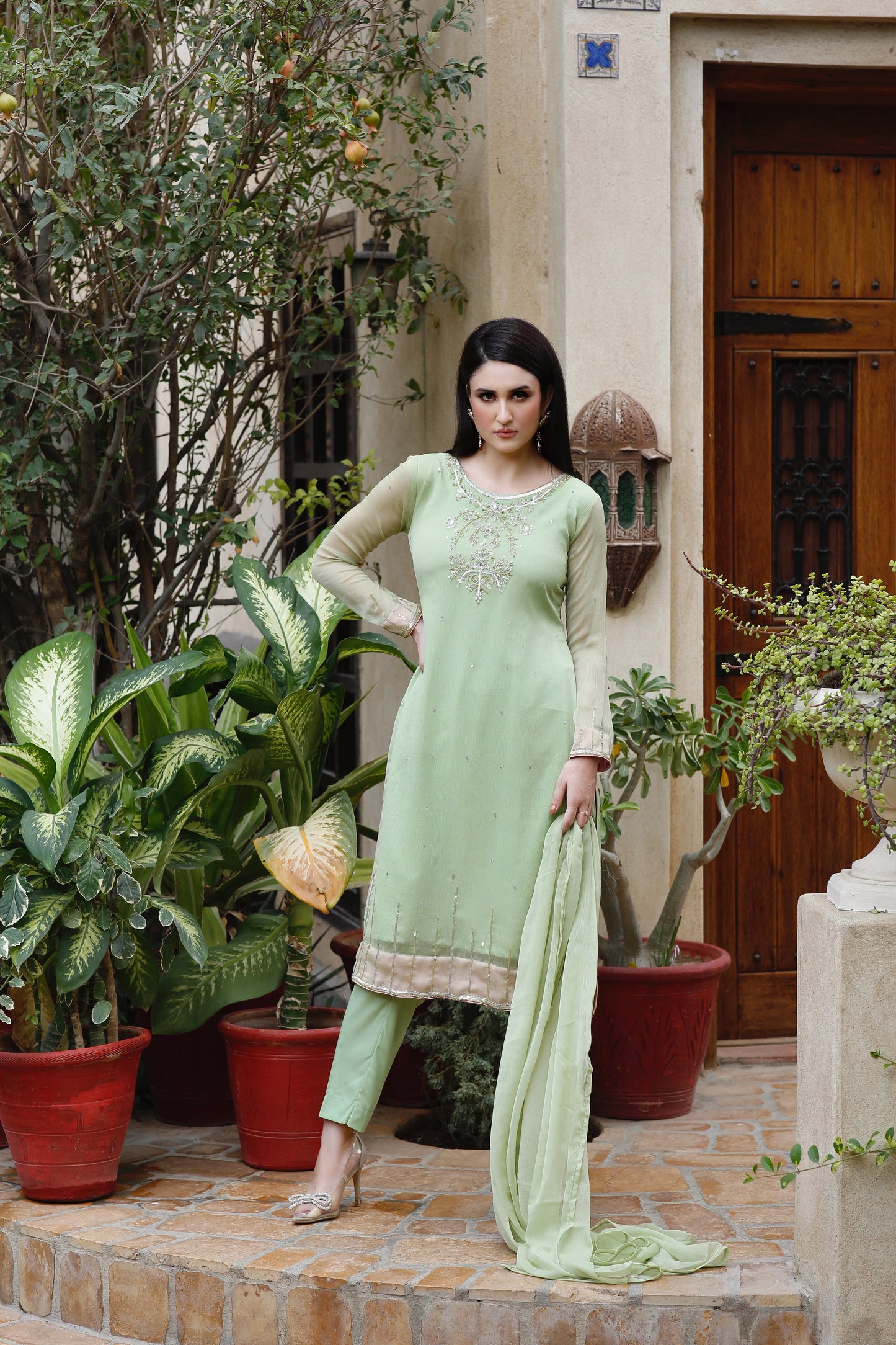 Light Green Chiffon 3PC Partywear-CE20230907