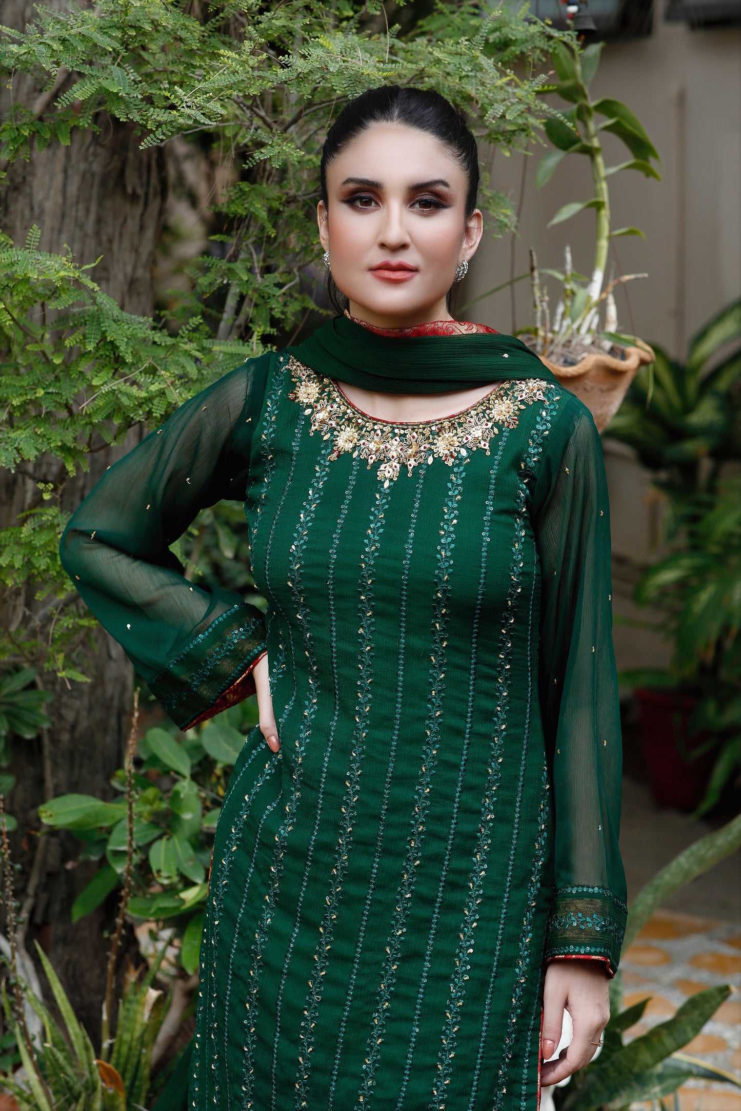 Mystic Green-03 Piece Emerald Green with Gold Jamawaar Gharara-CEF20230908
