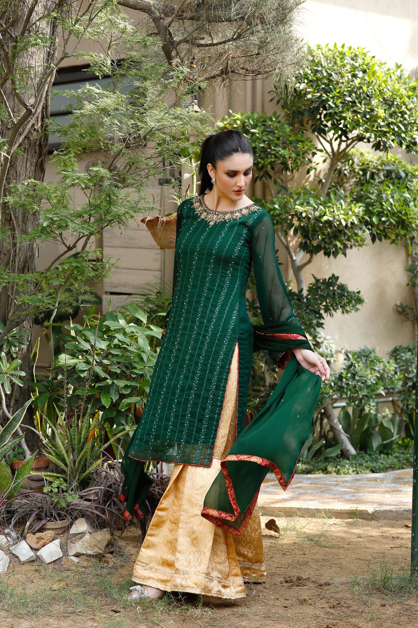 Mystic Green-03 Piece Emerald Green with Gold Jamawaar Gharara-CEF20230908