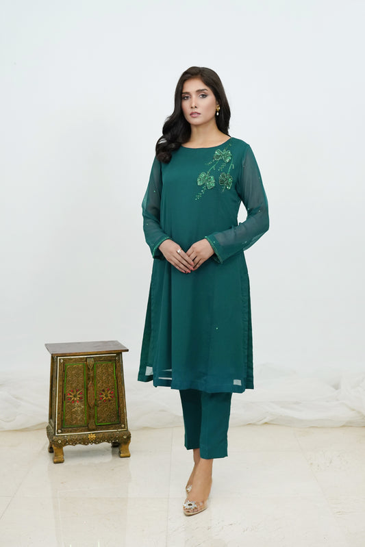 Sparkling Verdant- 2 PC Chiffon Sequined Handwork-SKU: S2024630