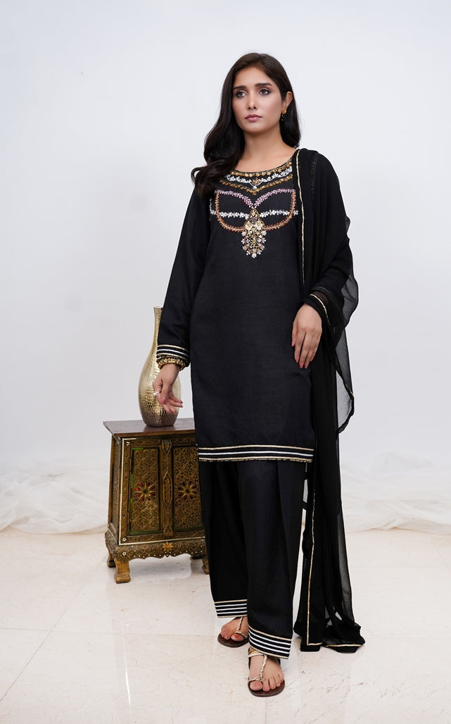 Golden Eclipse-03 PC Black Indian Raw Silk Suit- S2024602