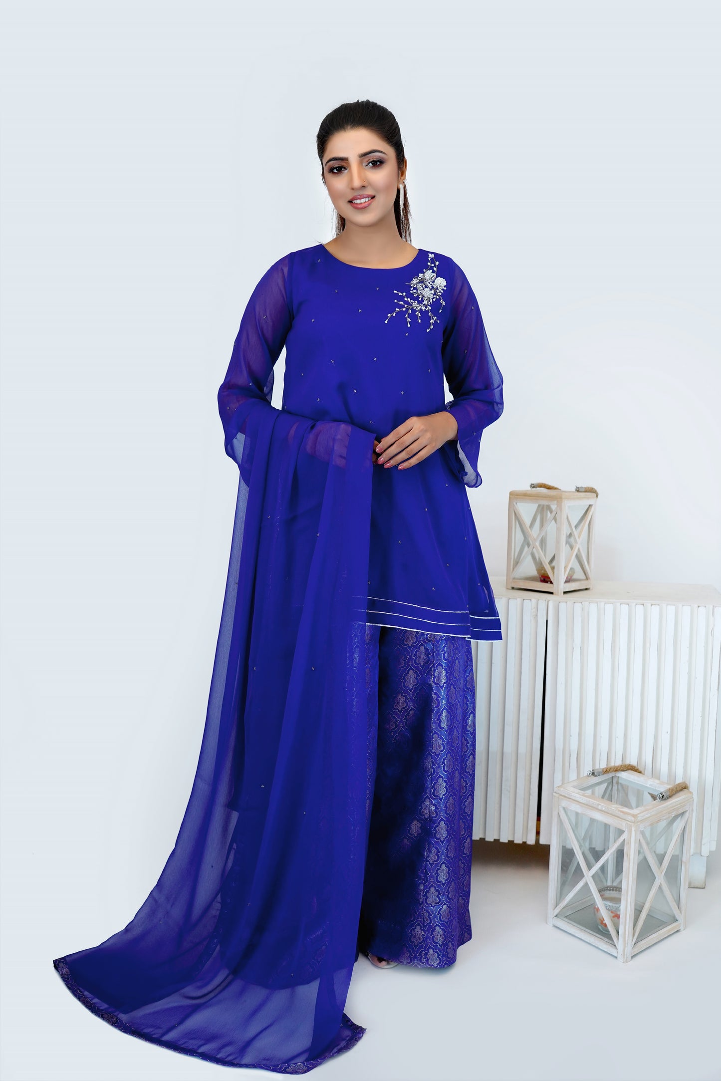 Imperial Blue- 3 PC Top with Gharara- CE20240201