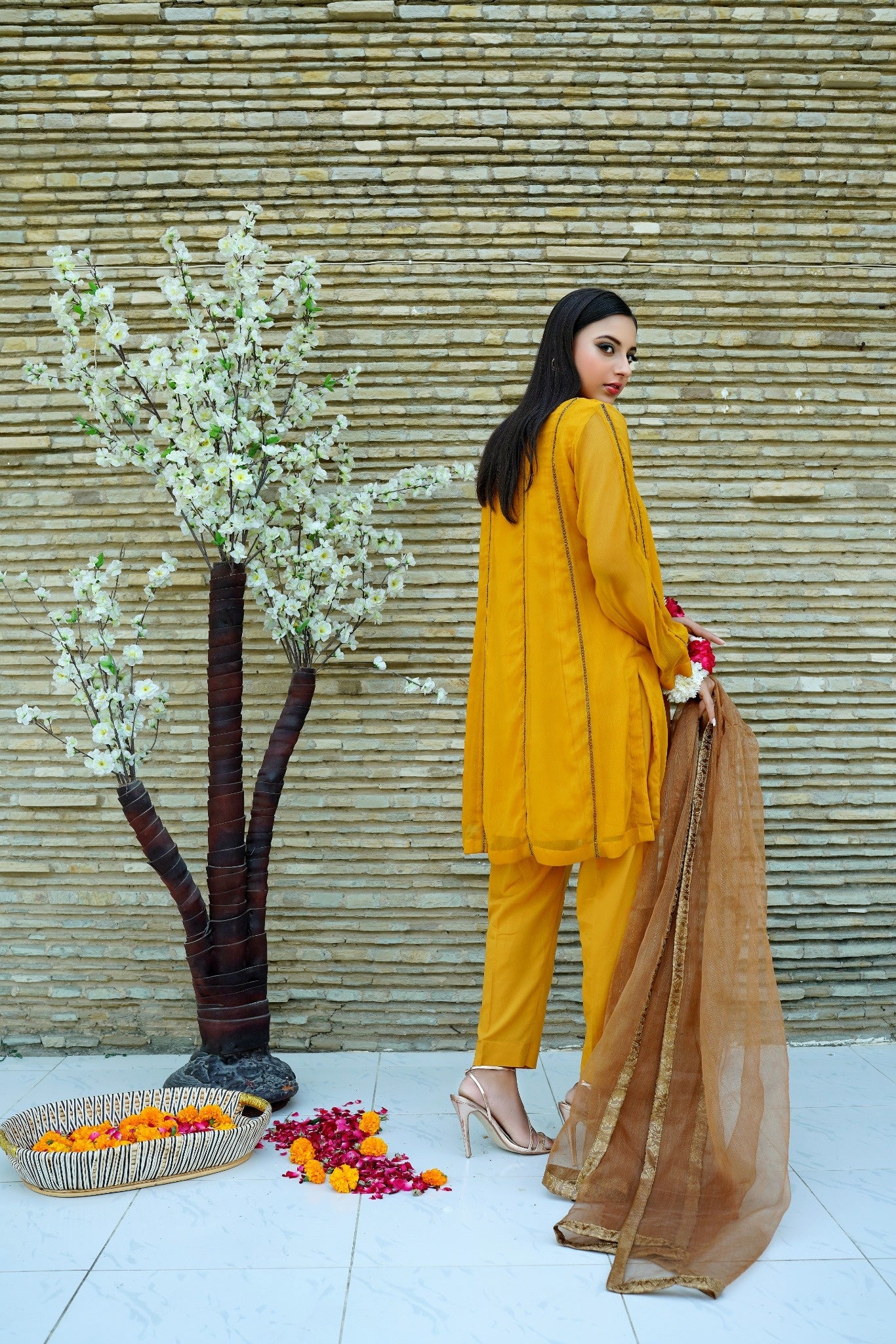 Panelled Chiffon Shirt 03 PC Suit with Malai Pants & Mysori Dupatta - CE20241011