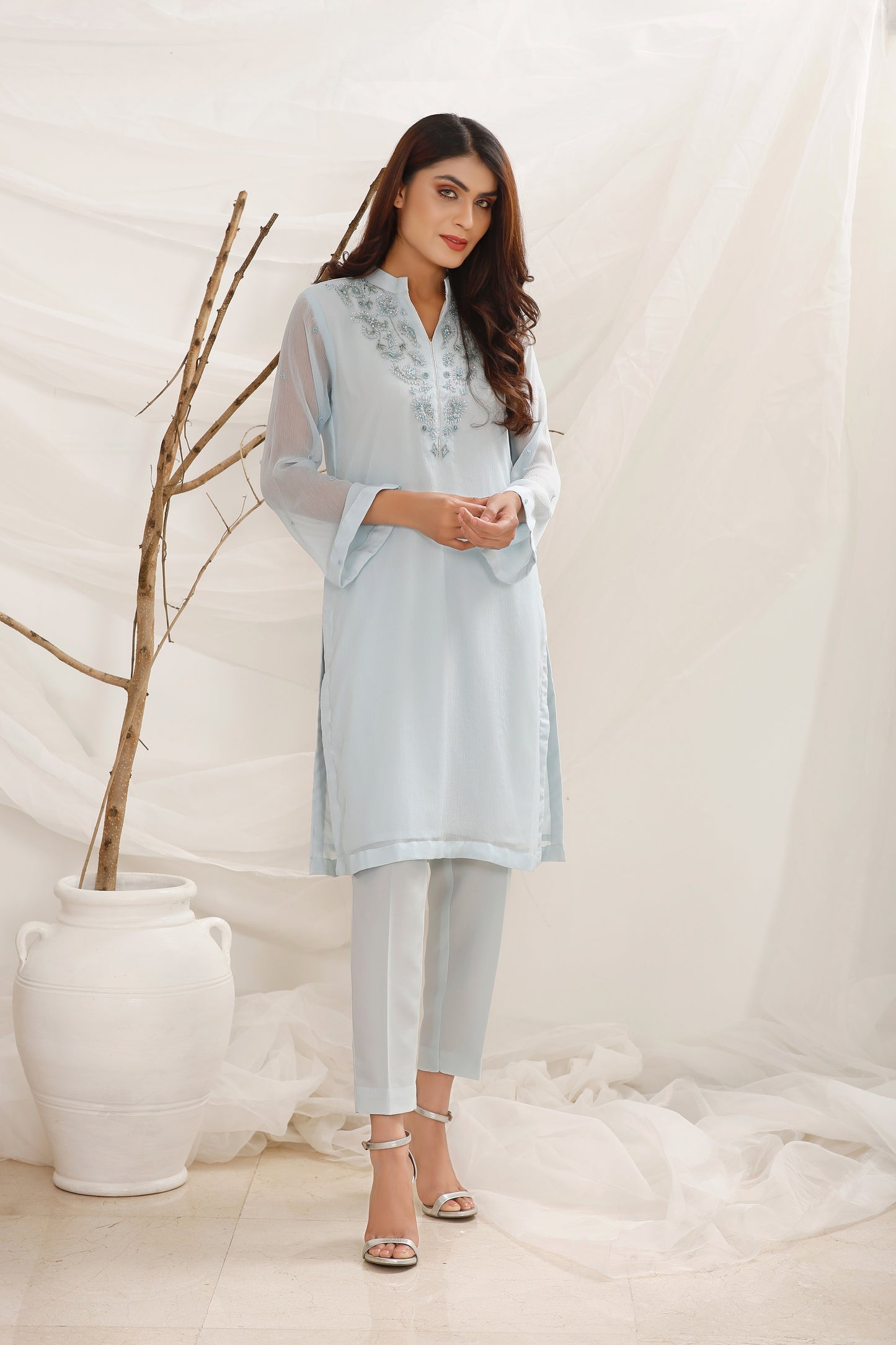 2PC -Powder Blue Chiffon Shirt & Crepe Trouser