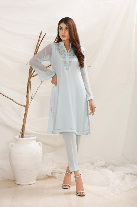 2PC -Powder Blue Chiffon Shirt & Crepe Trouser