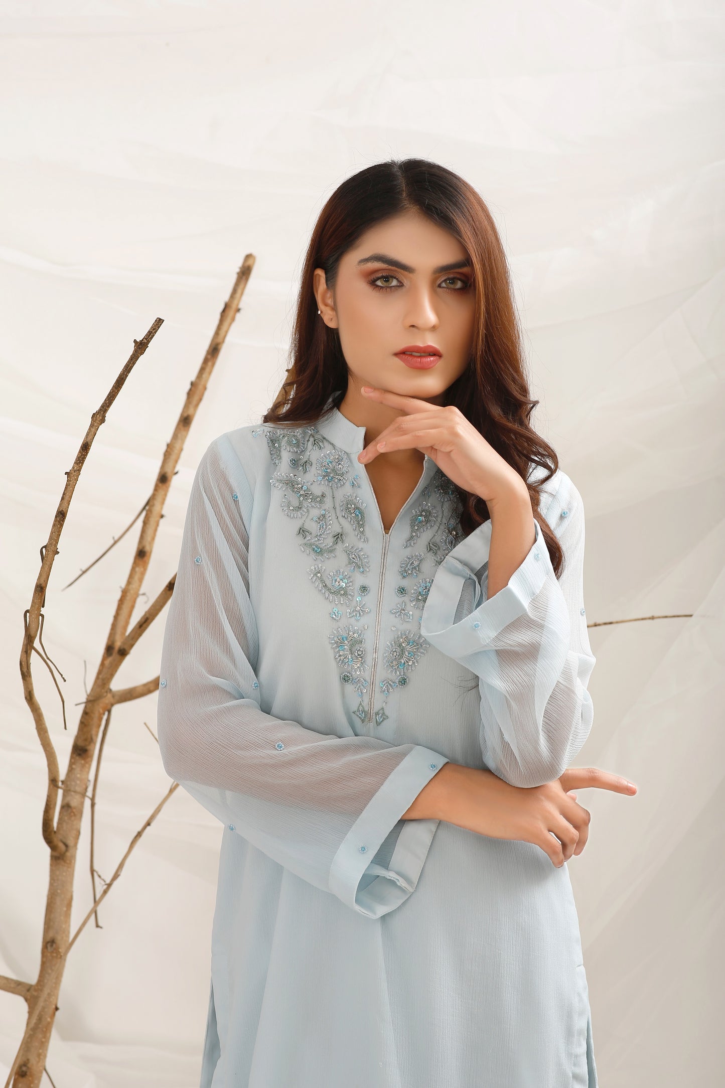 2PC -Powder Blue Chiffon Shirt & Crepe Trouser