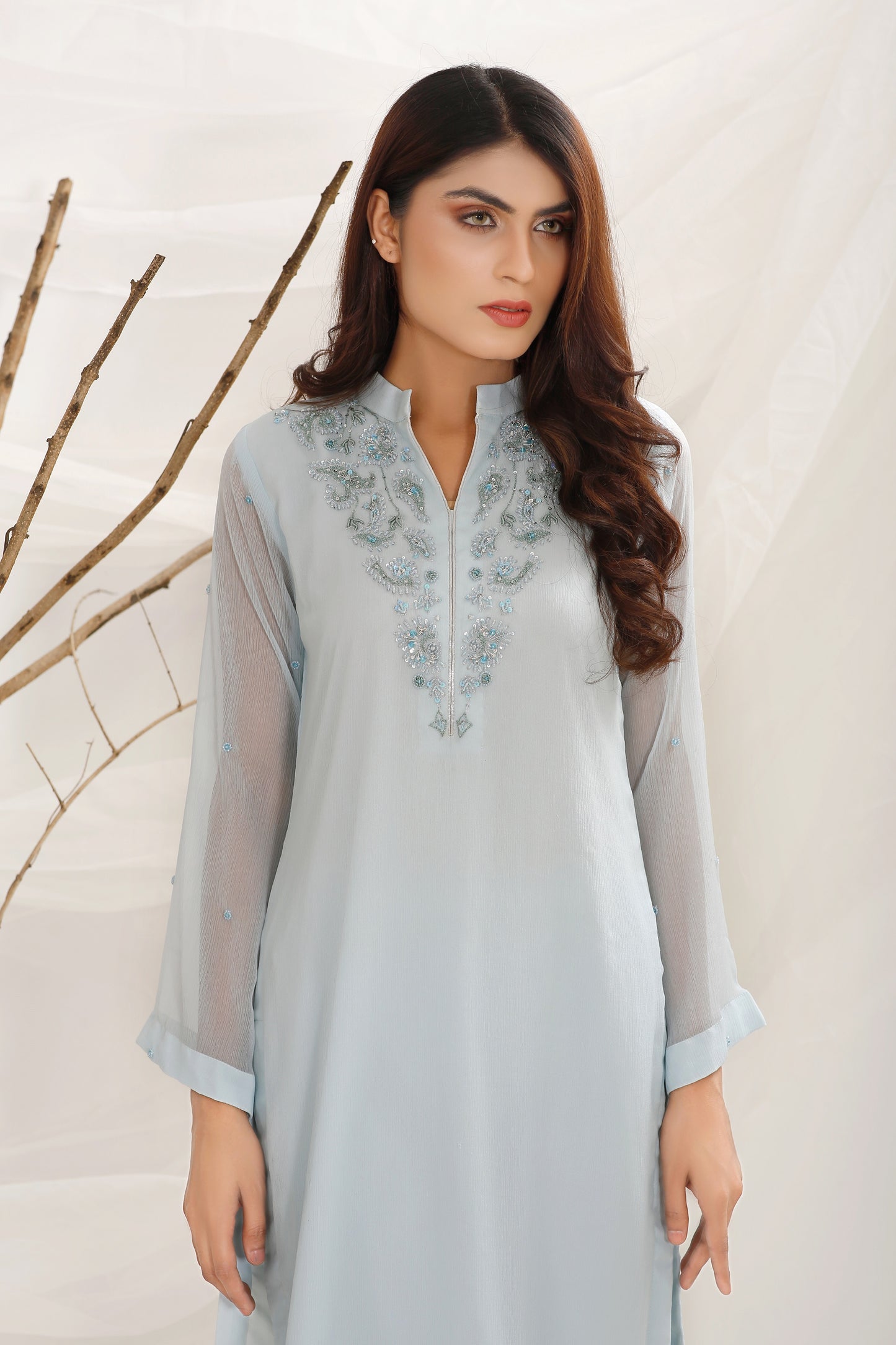 2PC -Powder Blue Chiffon Shirt & Crepe Trouser