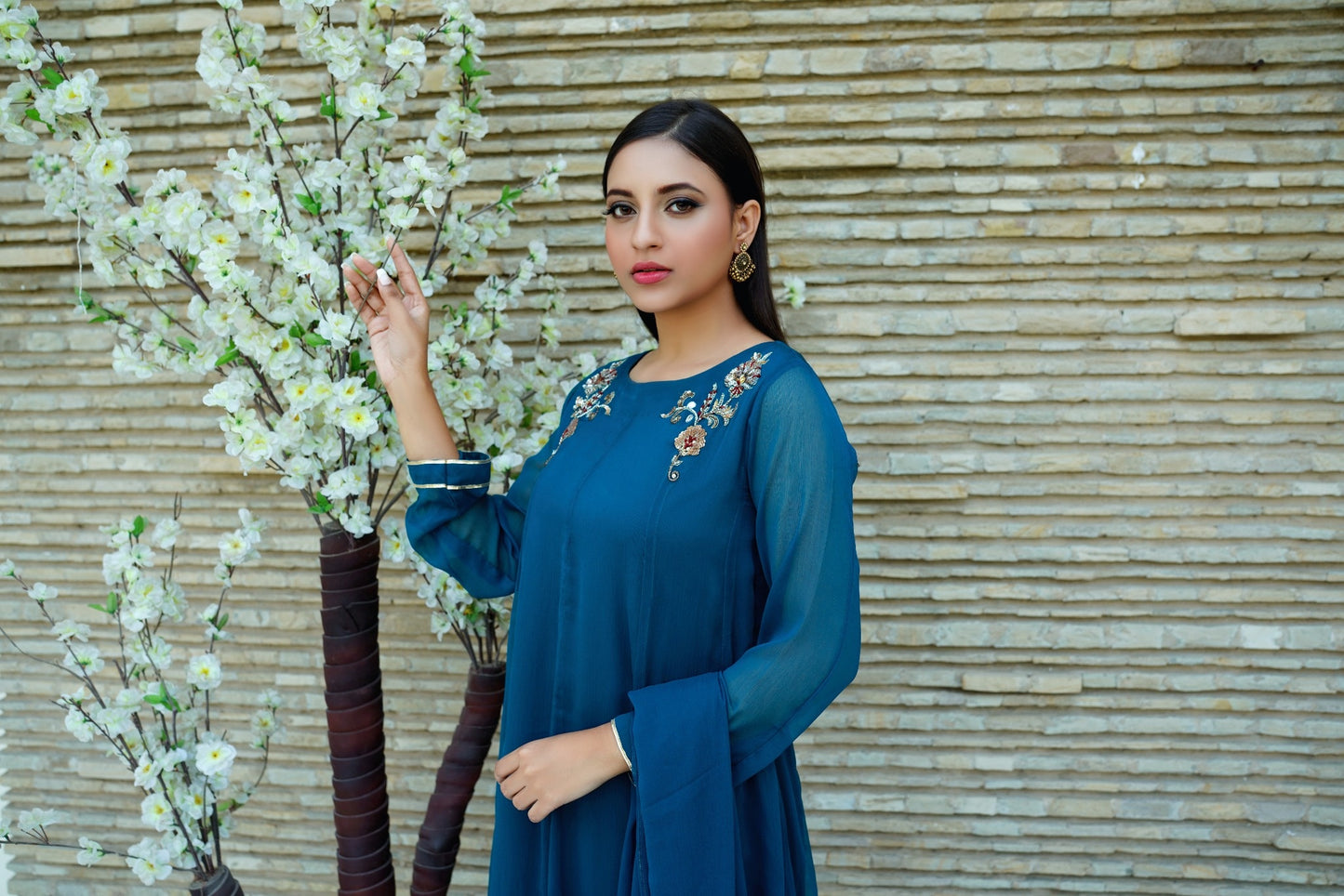 Easy Breezy - Chiffon A-Line Flared Top with Lace Sleeves & Chiffon Dupatta - CE20241017