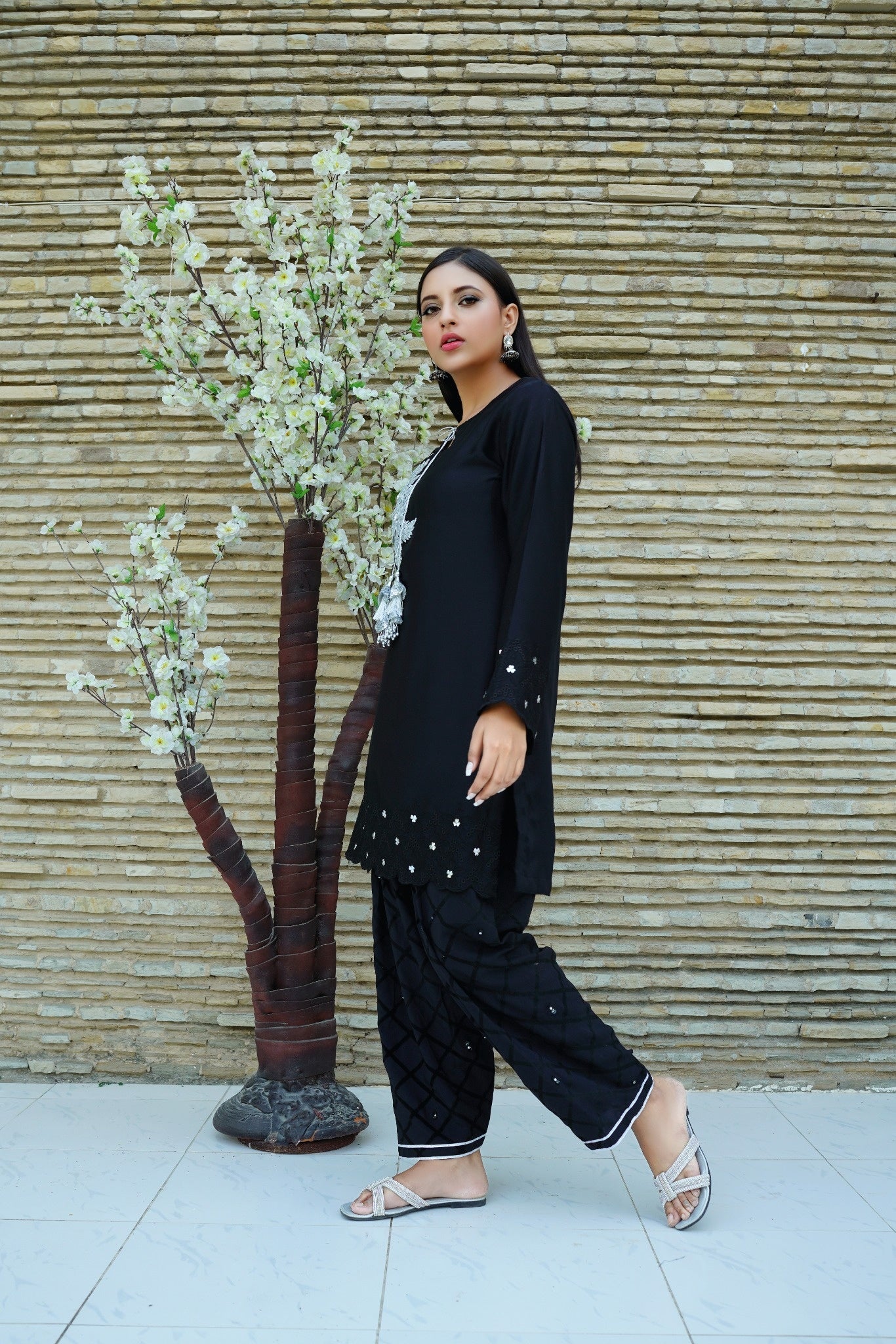 Simply Sublime - Black Floral Embellished Straight Shirt with Handworked Shalwar - CE20241024