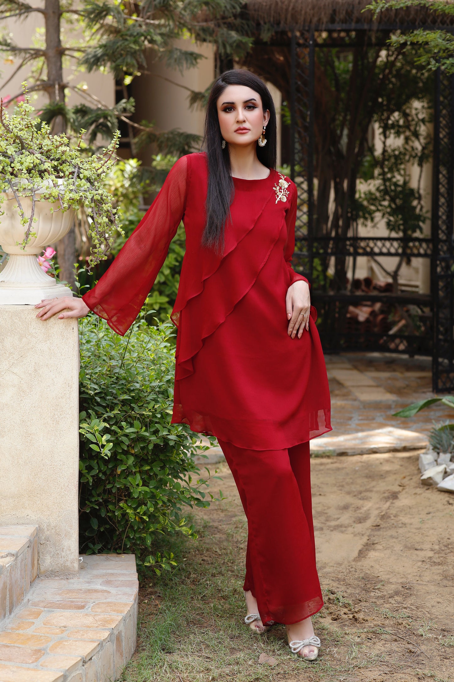 Maroon 2 piece chiffon party wear