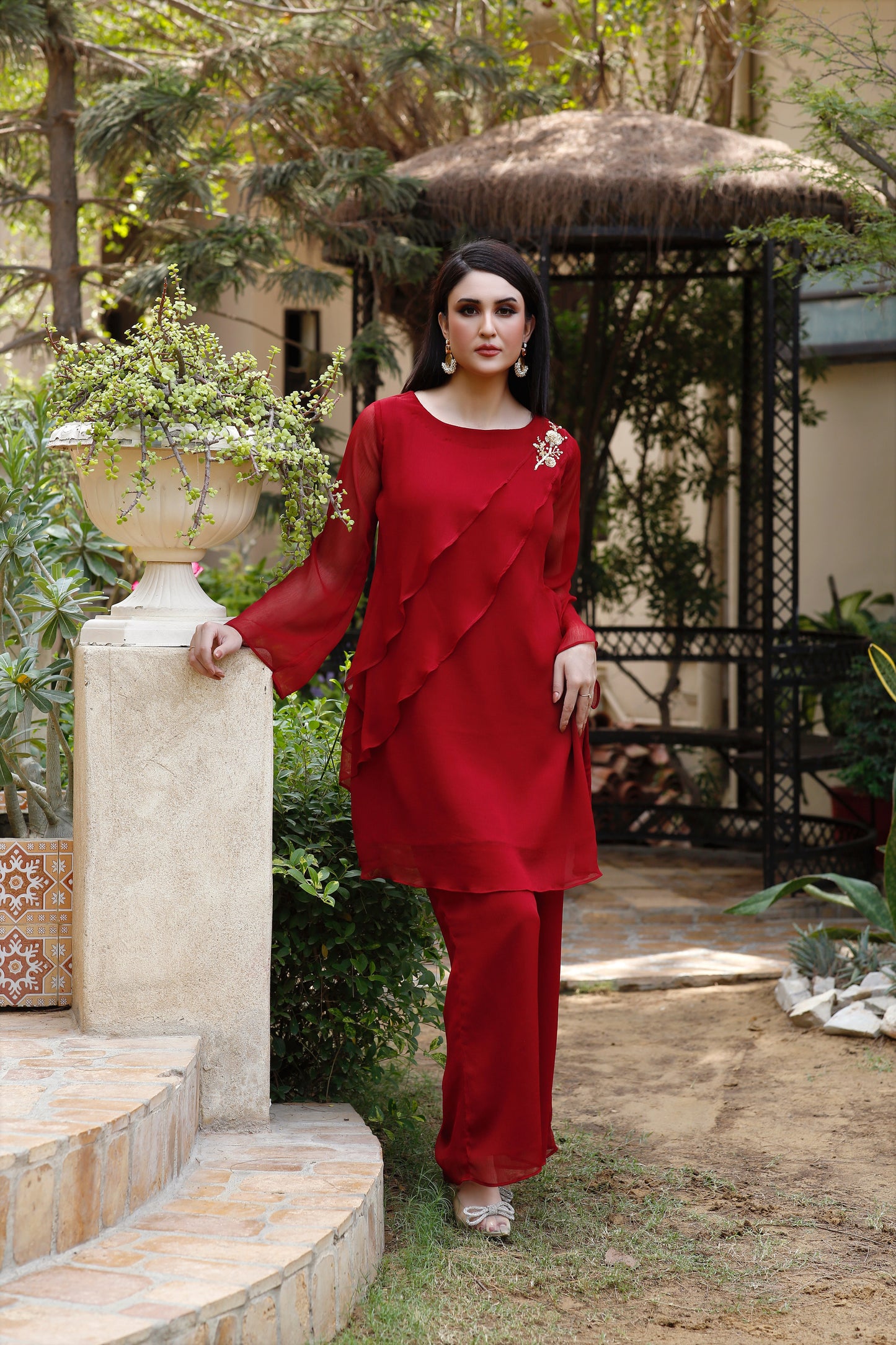 Maroon 2 piece chiffon party wear