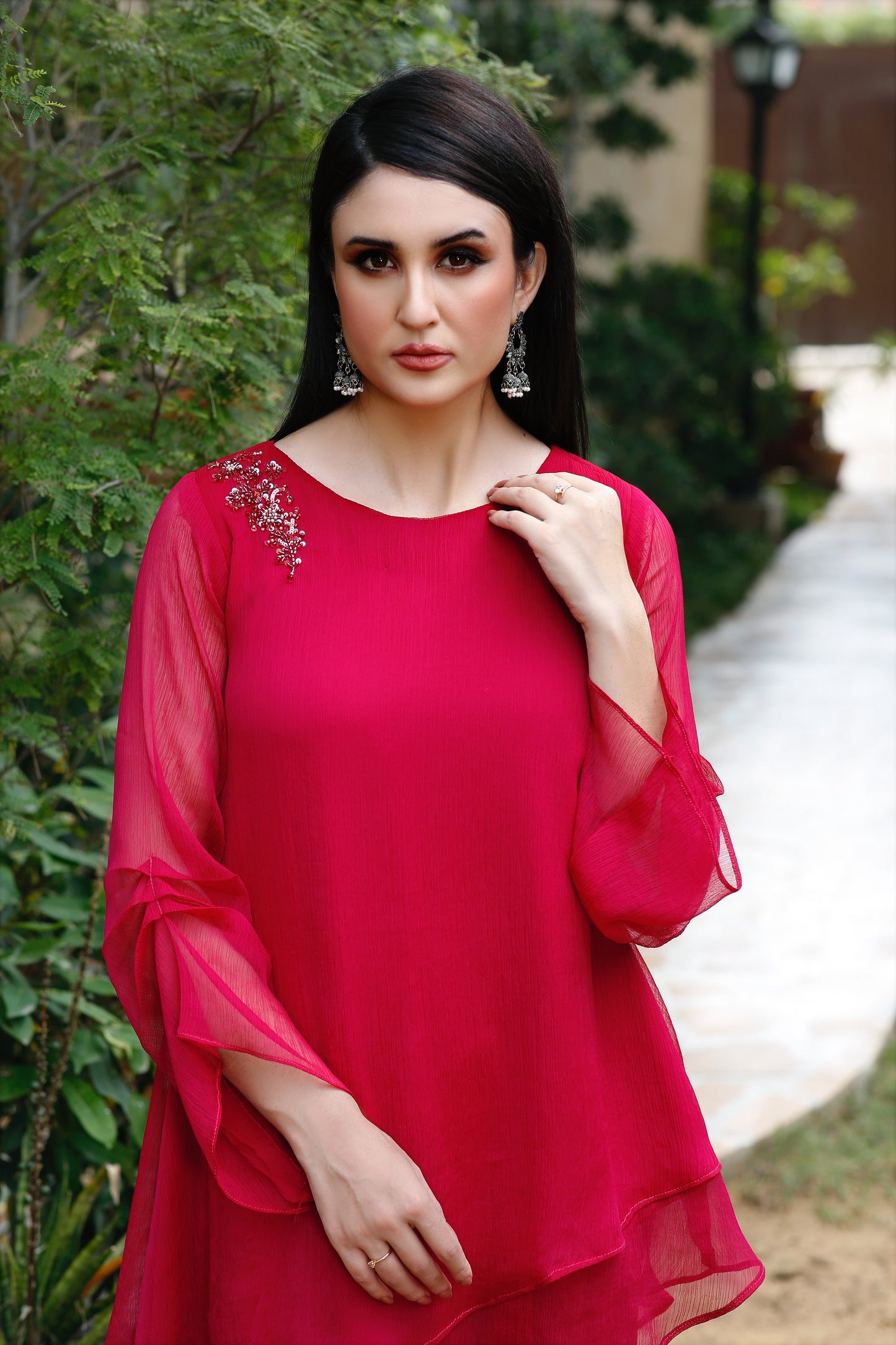 Crimson Charm: 02 PC Red Chiffon Shirt with Palazzo-CE20230803