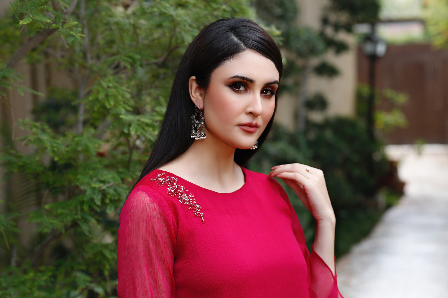 Crimson Charm: 02 PC Red Chiffon Shirt with Palazzo-CE20230803