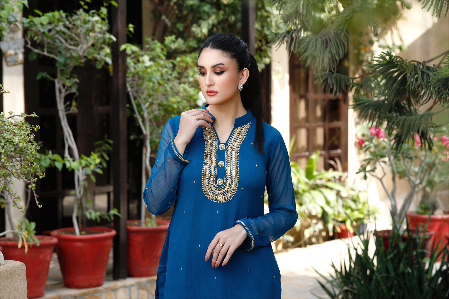 Teal Temptation: 02 PC Teal Blue Chiffon Suit-CF6010823