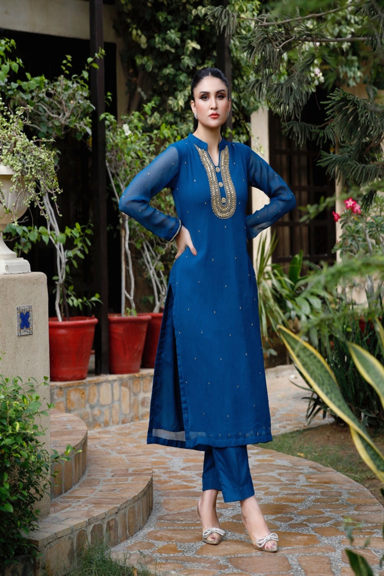 Teal Temptation: 02 PC Teal Blue Chiffon Suit-CF6010823