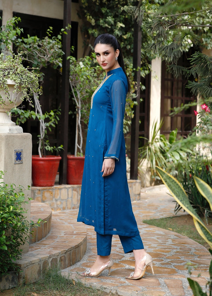 Teal Temptation: 02 PC Teal Blue Chiffon Suit-CF6010823