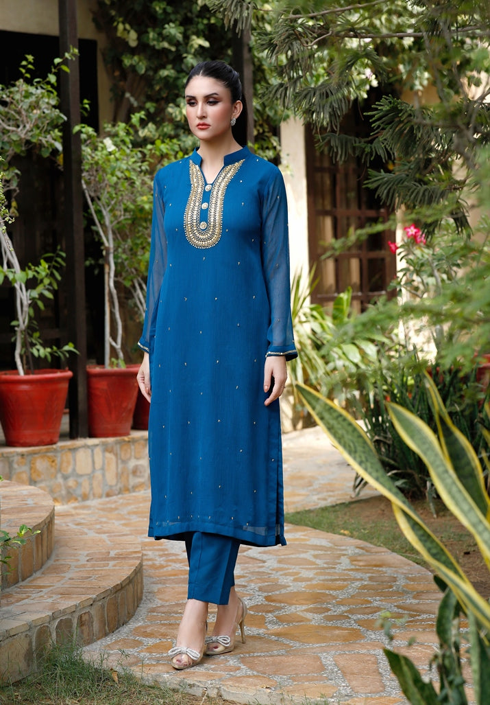 Teal Temptation: 02 PC Teal Blue Chiffon Suit-CF6010823