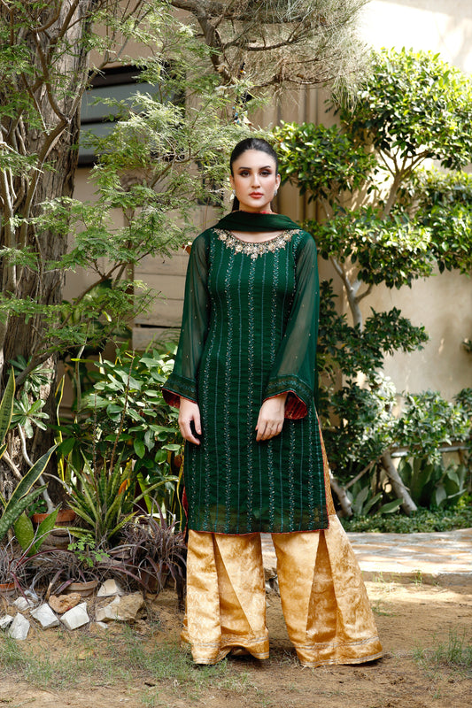 Mystic Green-03 Piece Emerald Green with Gold Jamawaar Gharara-CEF20230908