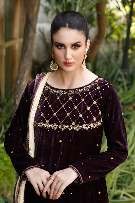 Sequined Plum  - Hand-embroidered 03 PC Velvet Suit