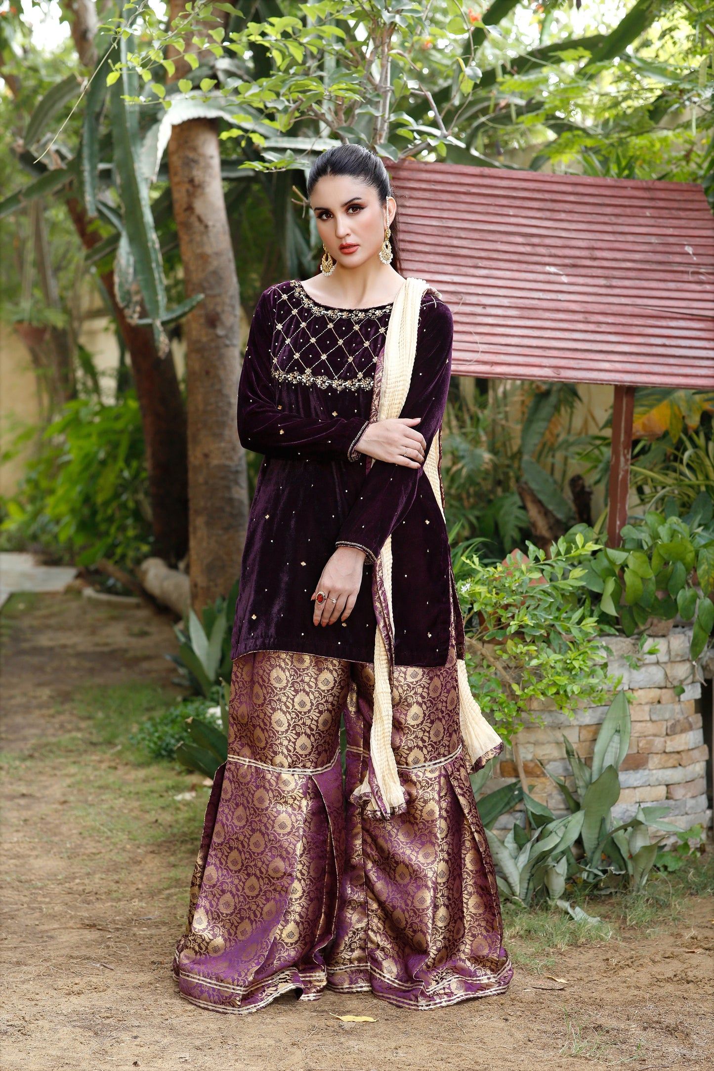 Sequined Plum  - Hand-embroidered 03 PC Velvet Suit