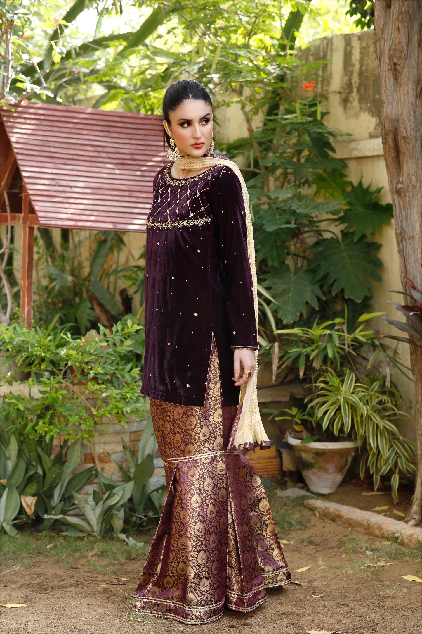 Sequined Plum  - Hand-embroidered 03 PC Velvet Suit