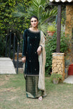 Green 3PC Festive Suit - Hand-embroidered Velvet Kameez, Jamawar palazo pants, maisoori dupatta