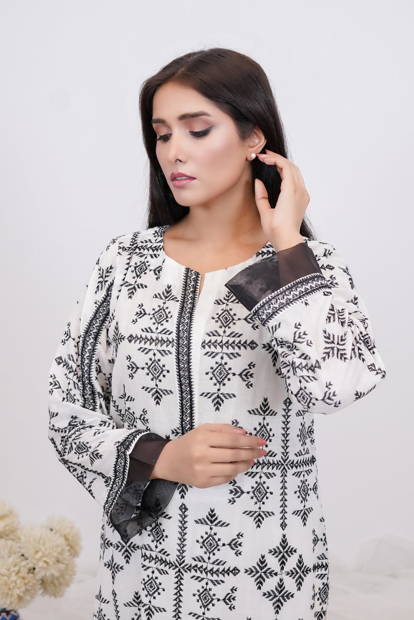 Elegant White Shirt with Black Chikankari