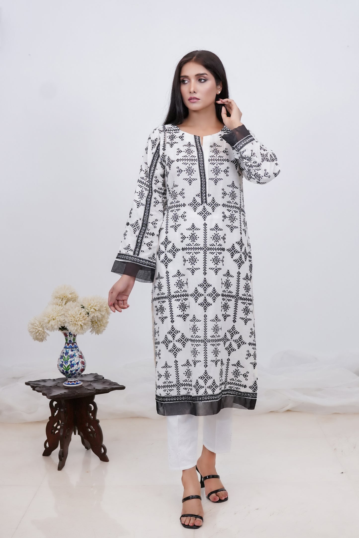 Elegant White Shirt with Black Chikankari