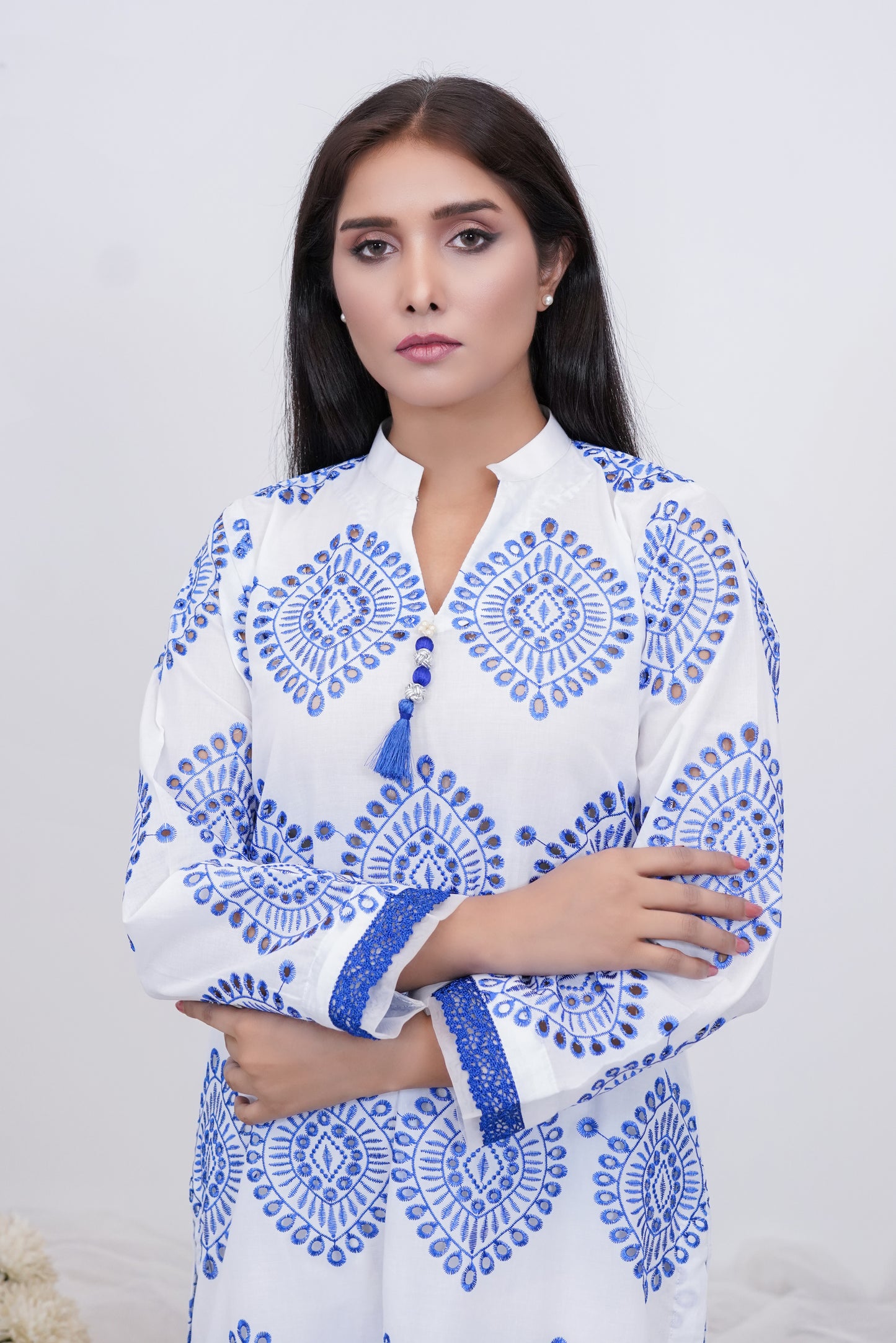 Elegant White Shirt with Blue Chikankari