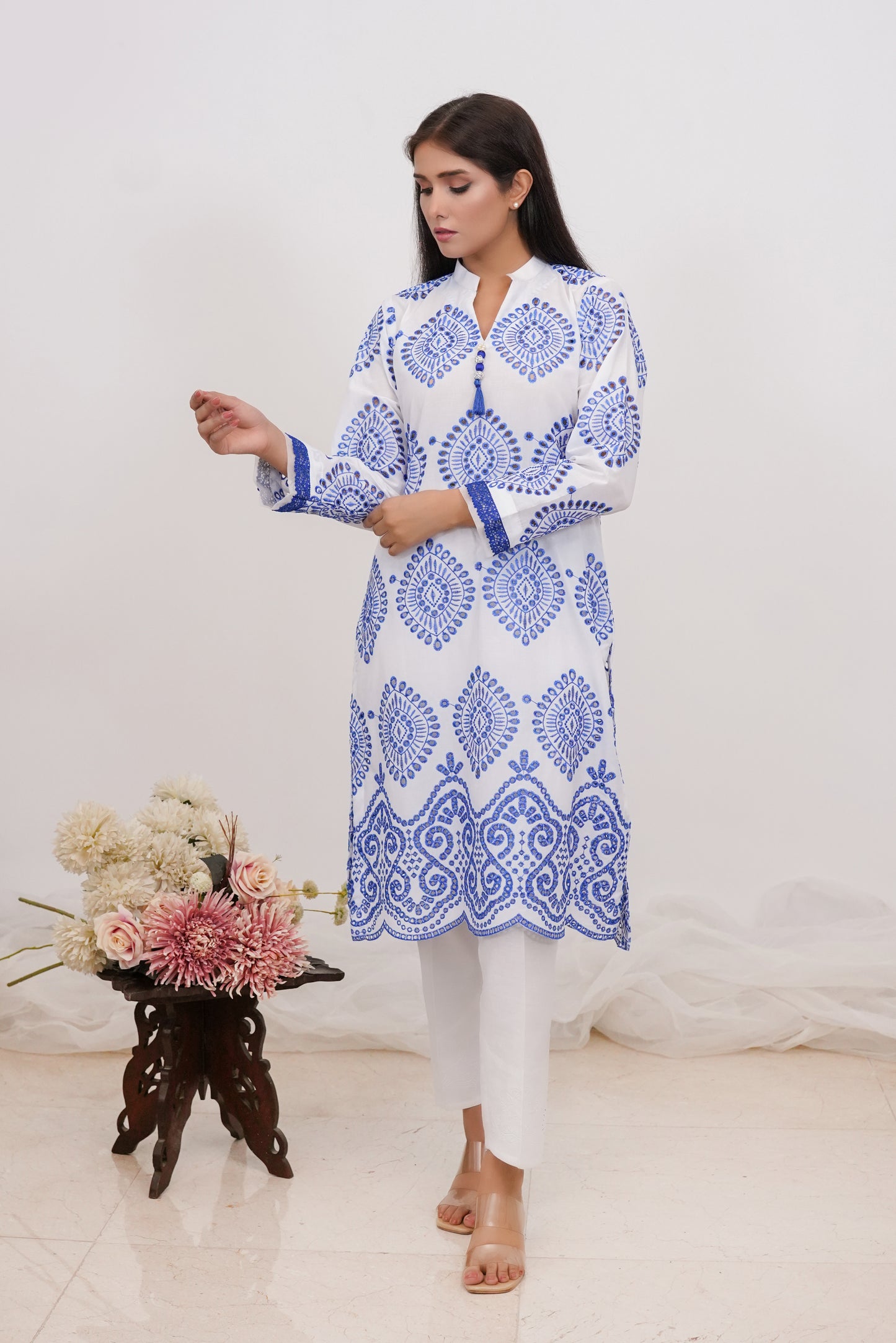 Elegant White Shirt with Blue Chikankari