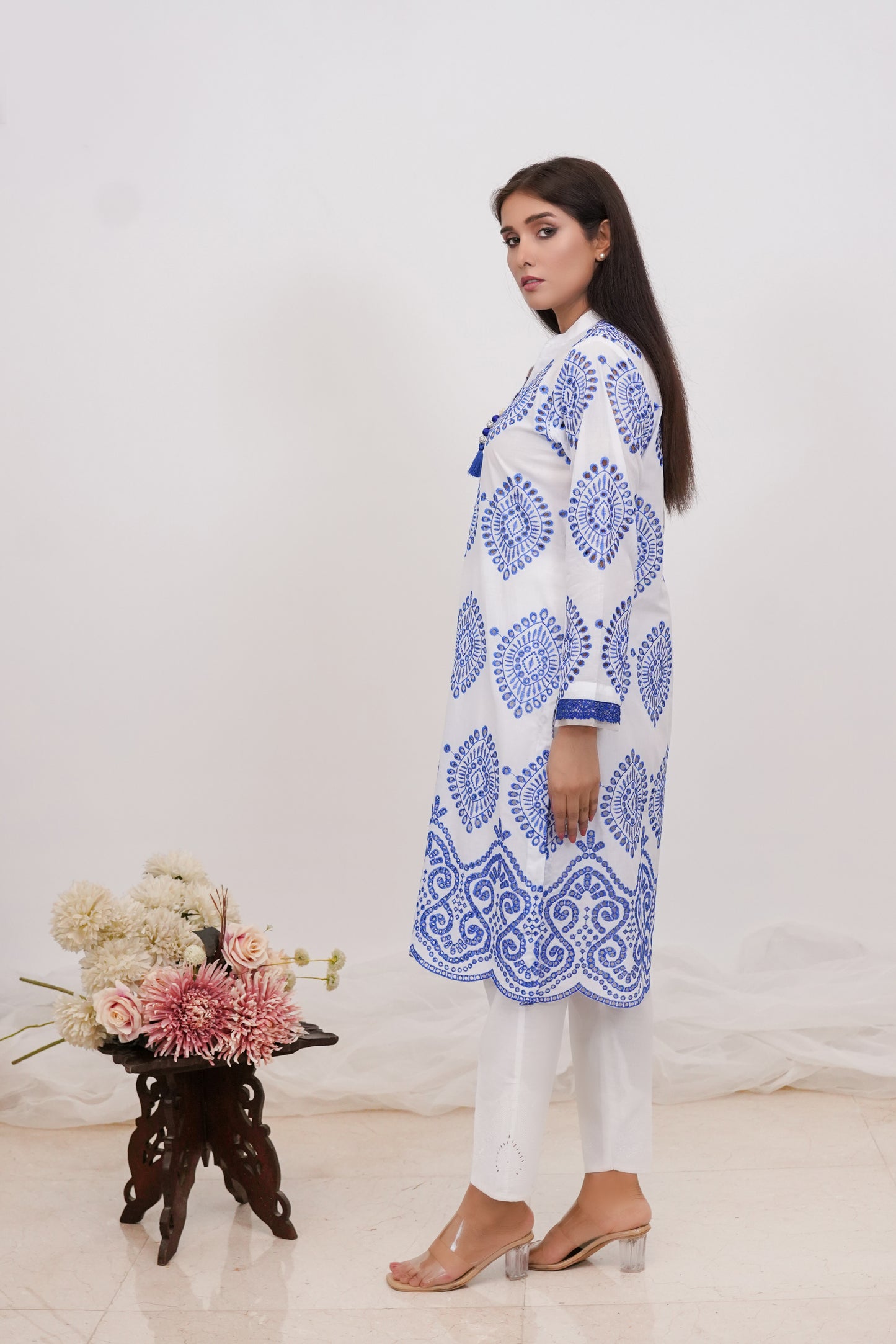 Elegant White Shirt with Blue Chikankari