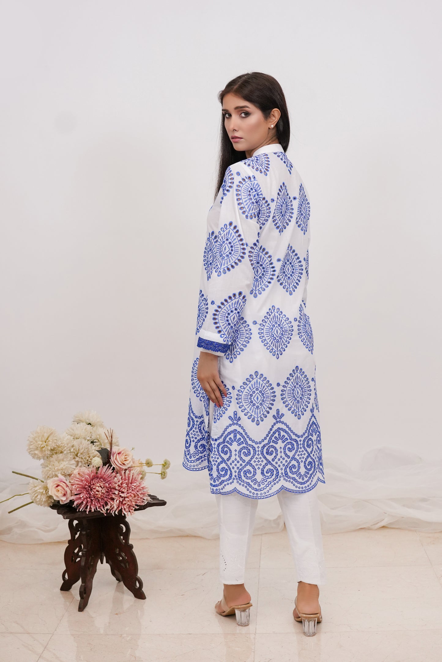 Elegant White Shirt with Blue Chikankari