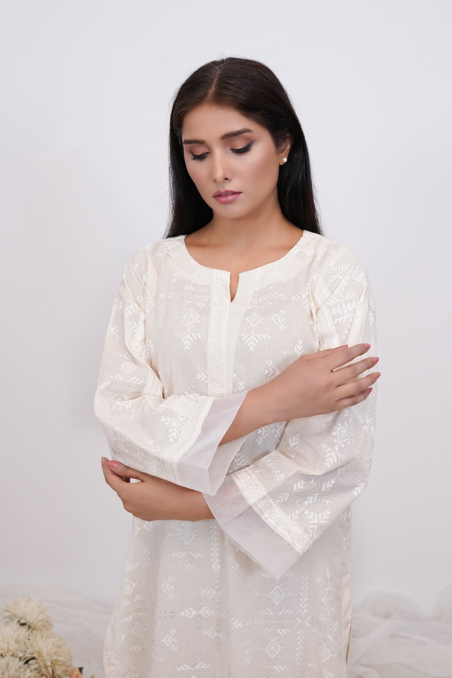 Elegant White Shirt With White Swati Embroidery