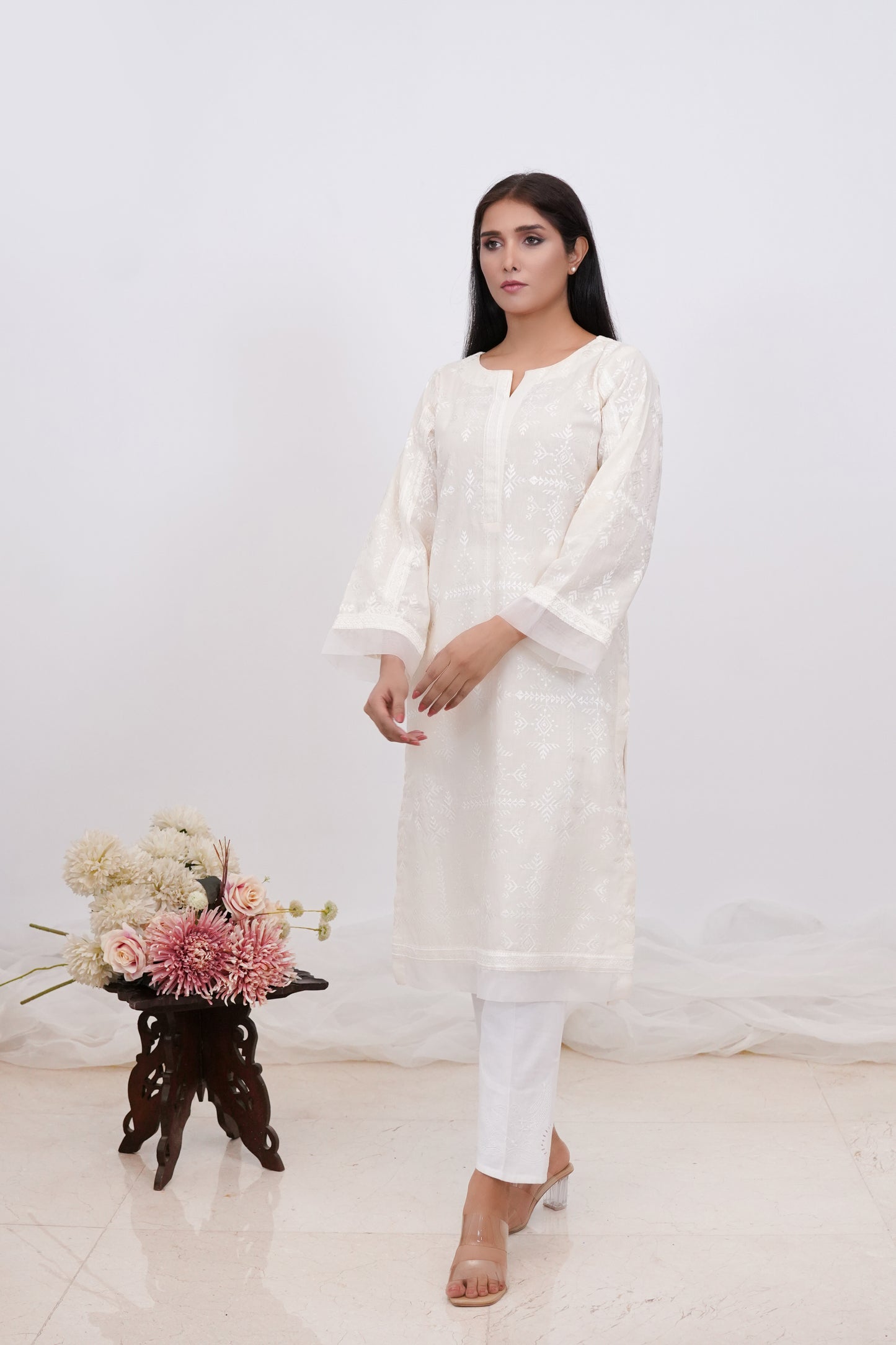 Elegant White Shirt With White Swati Embroidery