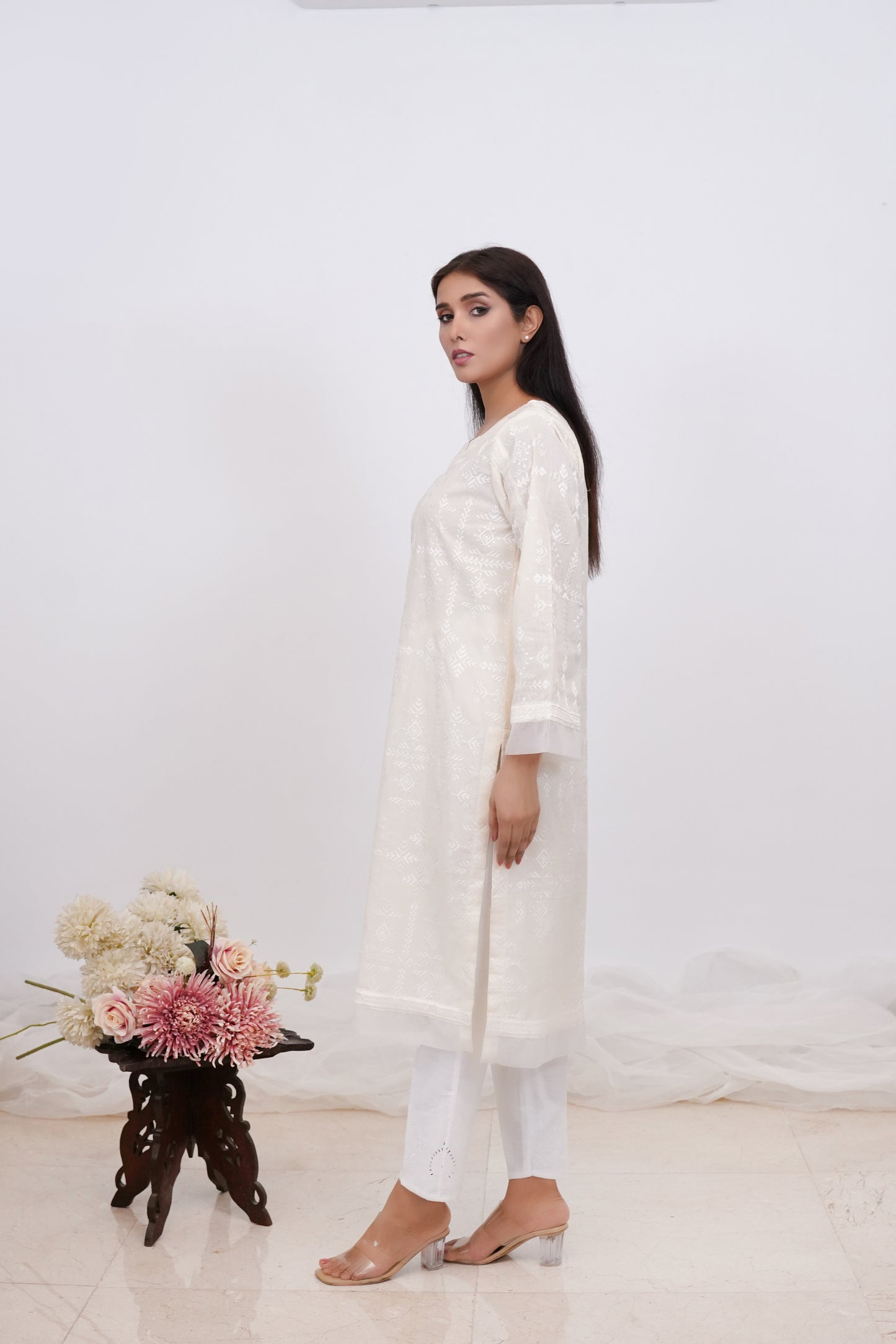 Elegant White Shirt With White Swati Embroidery