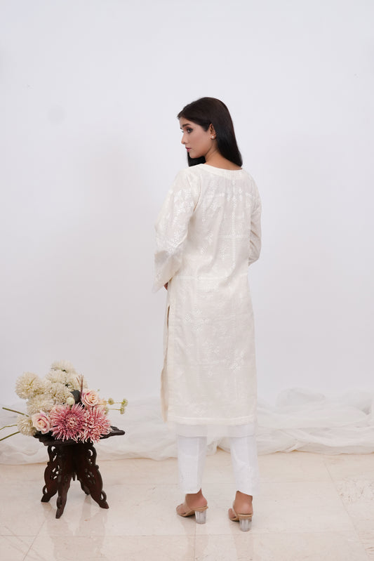 Elegant White Shirt With White Swati Embroidery