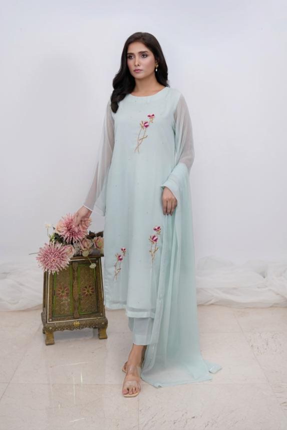 Turquoise Tranquil-03 PC Hand Embroidered Suit- S2024613