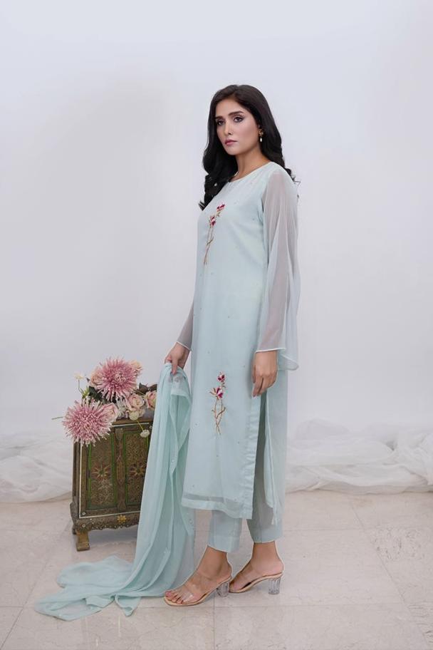 Turquoise Tranquil-03 PC Hand Embroidered Suit- S2024613