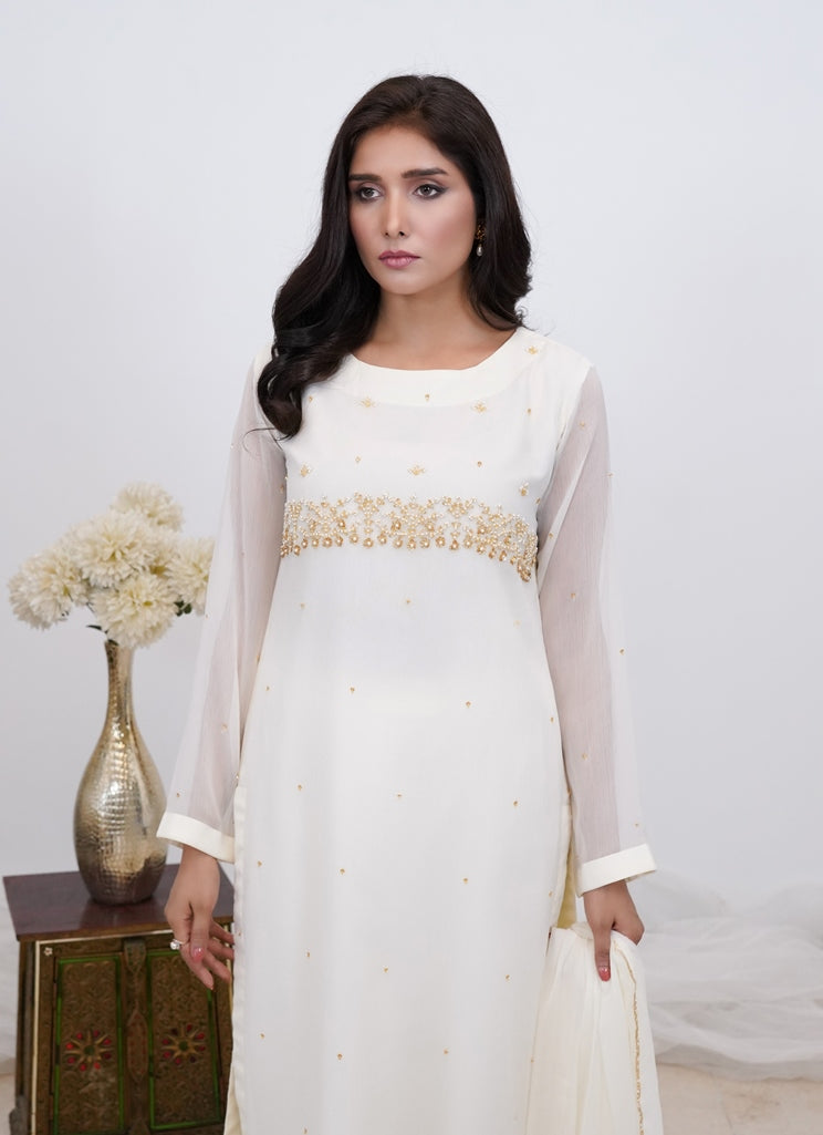 Frosted Symphony-03 PC White Chiffon with Hand Embroidery-S2024638