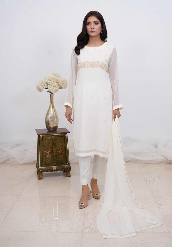 Frosted Symphony-03 PC White Chiffon with Hand Embroidery-S2024638