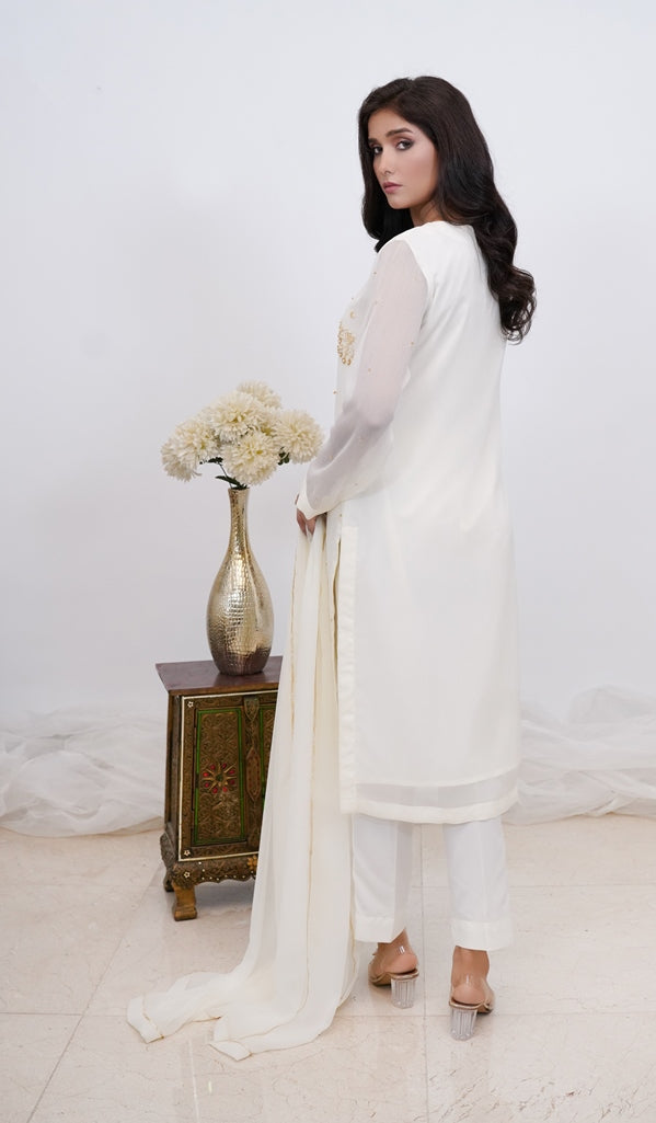 Frosted Symphony-03 PC White Chiffon with Hand Embroidery-S2024638