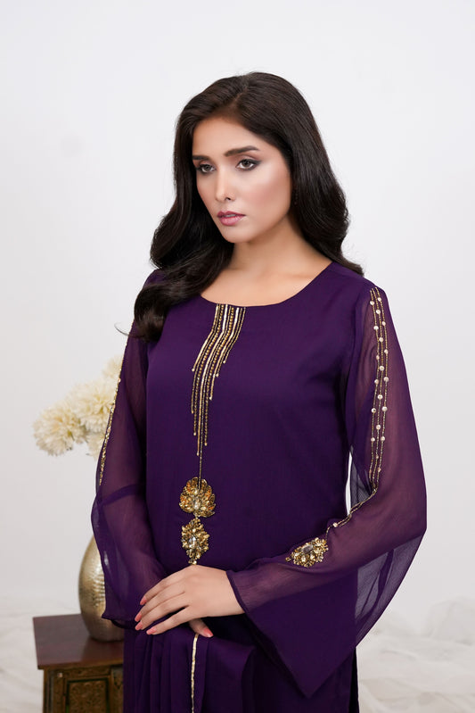 Amethyst Glow-03 PC Purple Hand Embroidered Chiffon Suit-S2024640