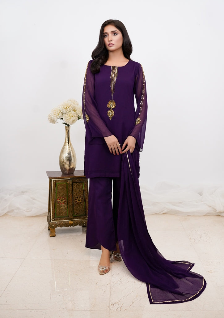 Amethyst Glow-03 PC Purple Hand Embroidered Chiffon Suit-S2024640