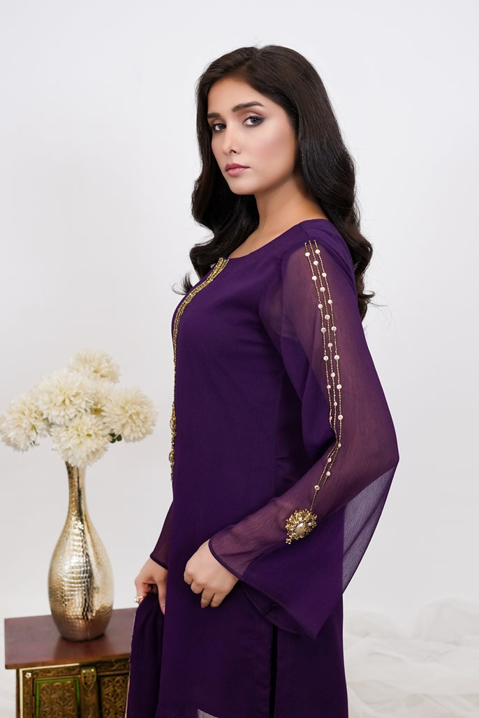 Amethyst Glow-03 PC Purple Hand Embroidered Chiffon Suit-S2024640