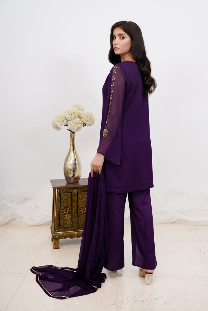 Amethyst Glow-03 PC Purple Hand Embroidered Chiffon Suit-S2024640