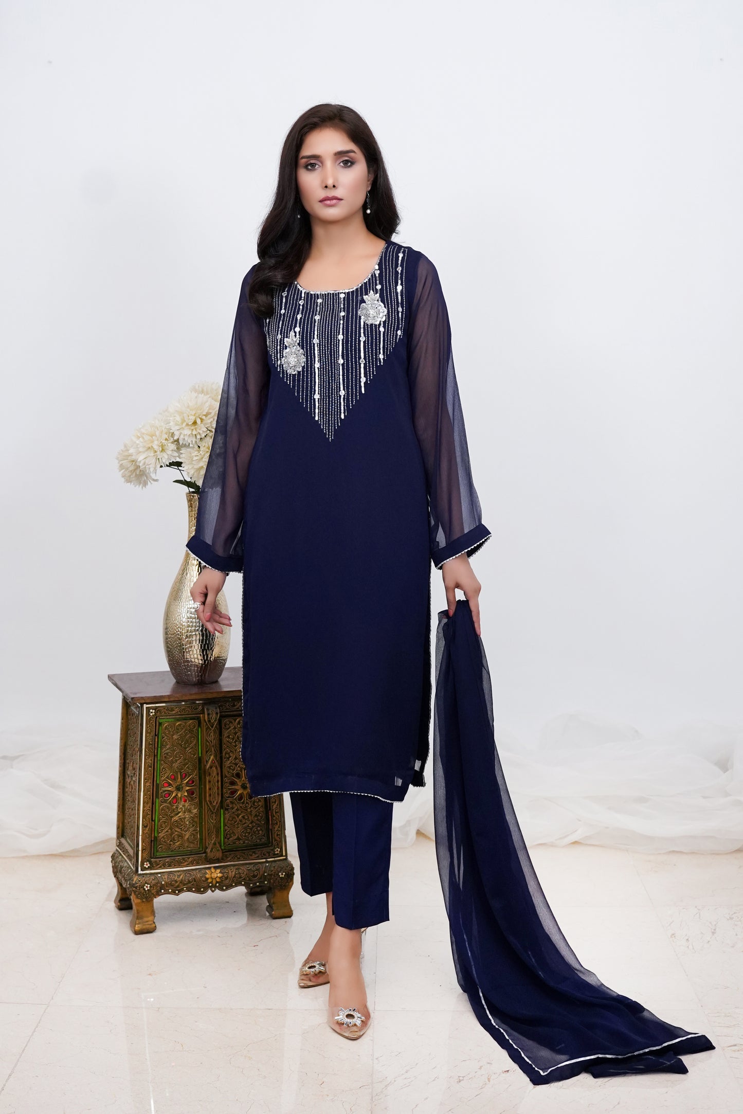 Silver Tide-3 PC Chiffon Hand Embroidered-S2024615