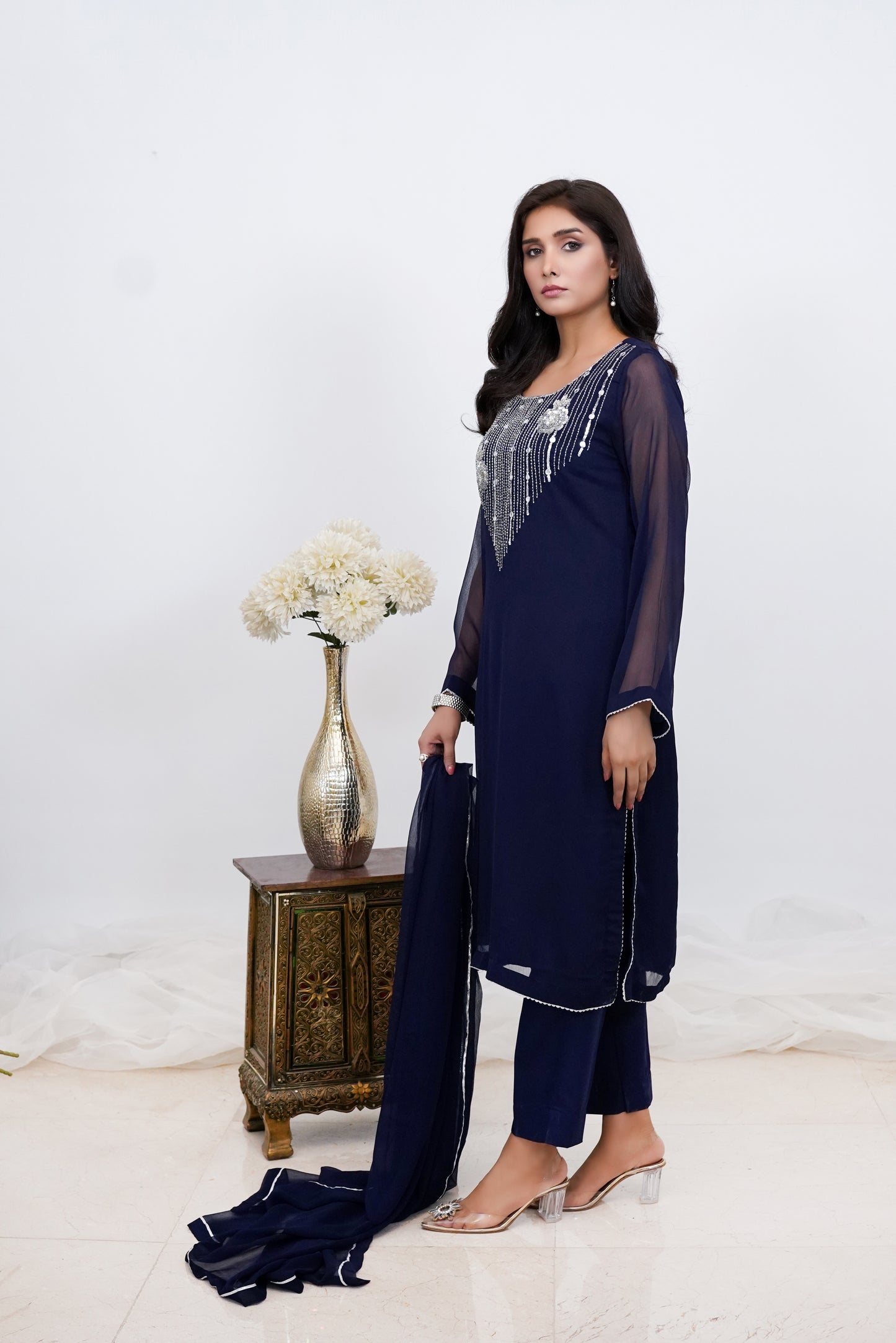 Silver Tide-3 PC Chiffon Hand Embroidered-S2024615